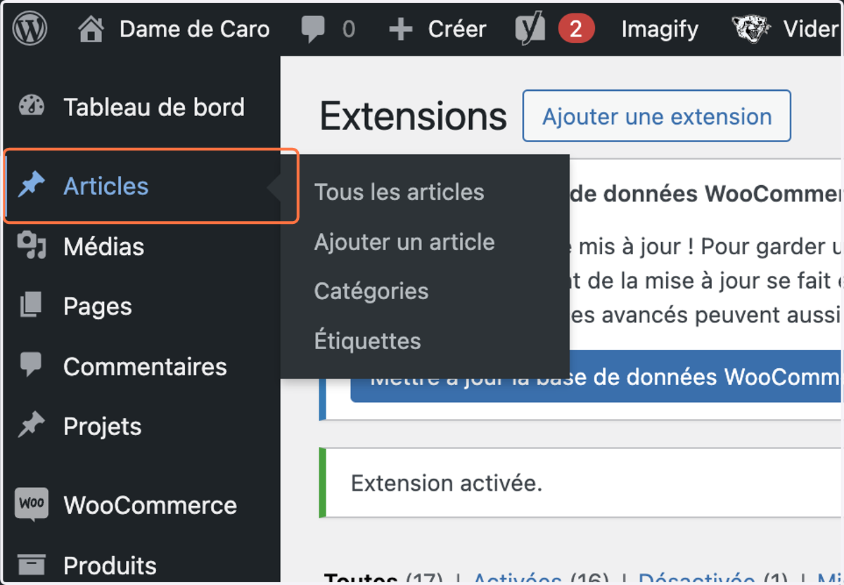Aller dans la section Articles ou Pages pour trouver la publication à dupliquer