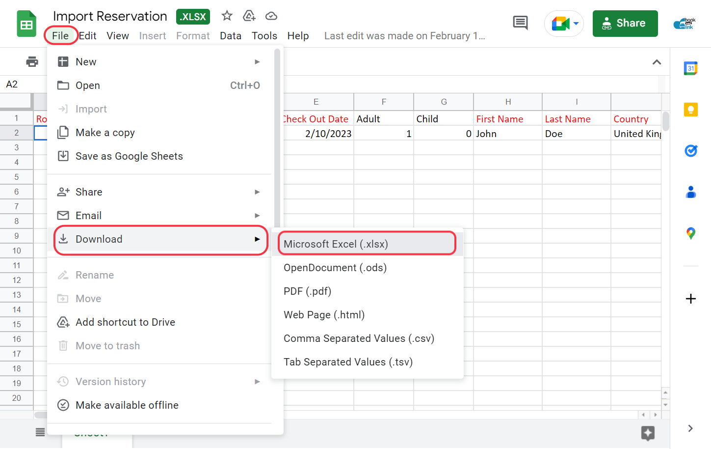 There'll be new tab open. You need to save the file first to your computer. Click on "File" then "Download" and choose "Microsoft Excel (.xlsx)