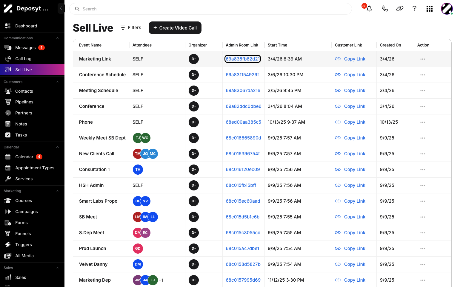 Step 2: Step 2: Look for the video call link you want to check. In the column labeled ‘Admin Room Link,’ simply click the link.