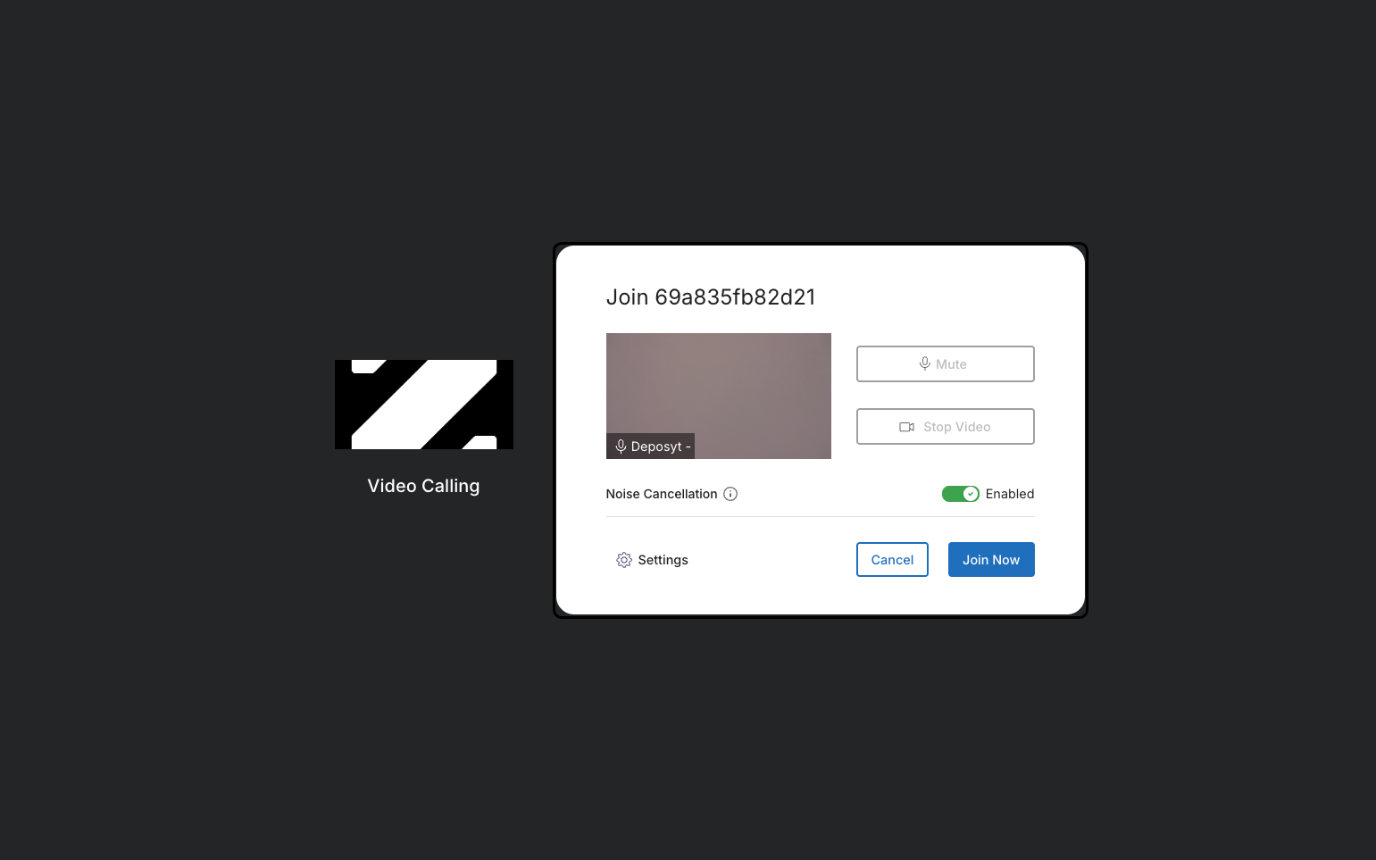 Step 3: A new window will appear. From here, you can toggle your mic and video on or off, enable noise cancellation, and access more settings.