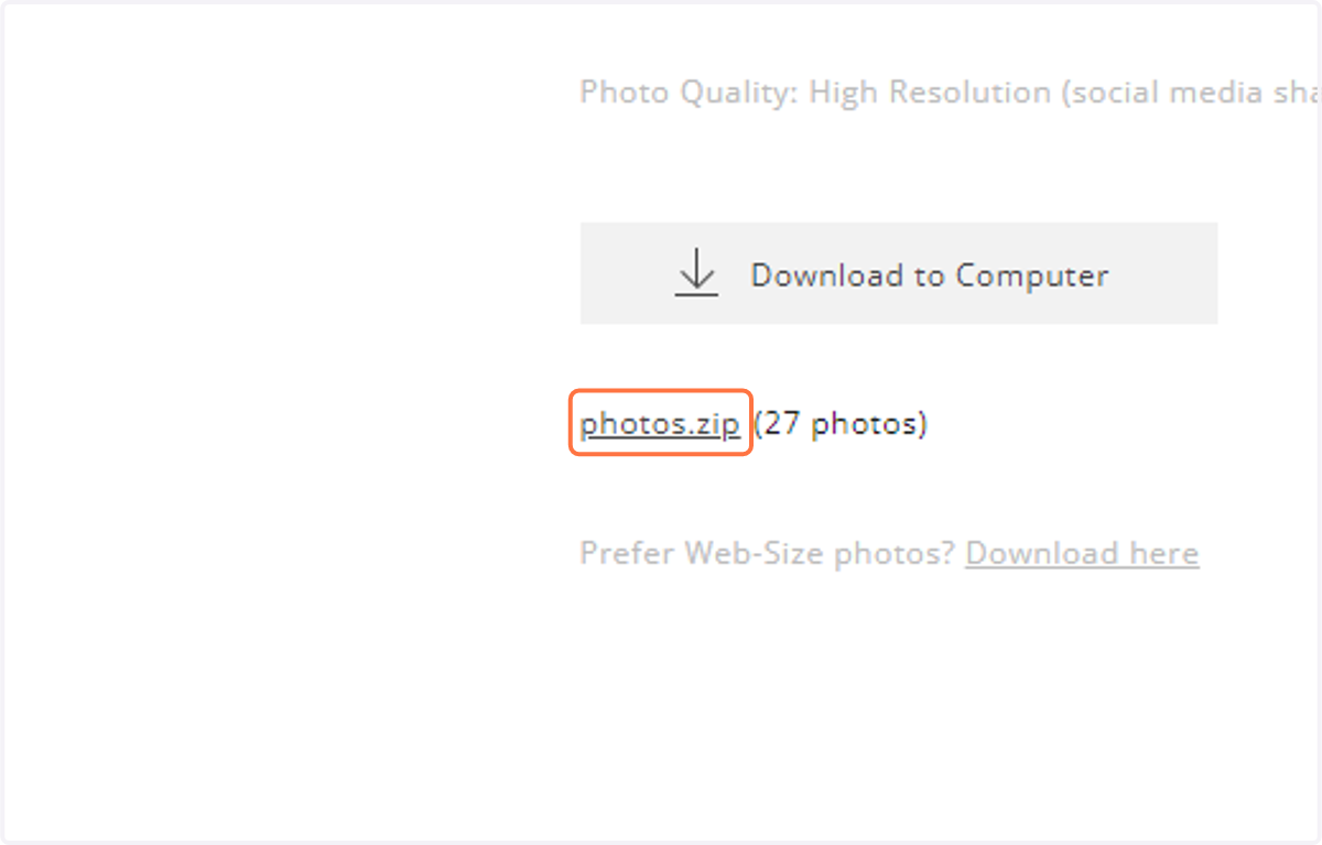 To optimize download speed, images are grouped in a zip file(s). Click on "photos.zip" to begin the download to your computer.