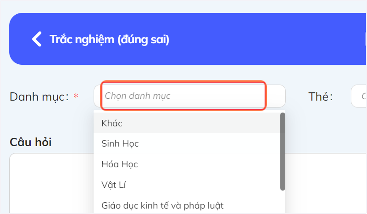 Nhấn vào "Danh mục". Sau đó chọn tên môn học tương ứng