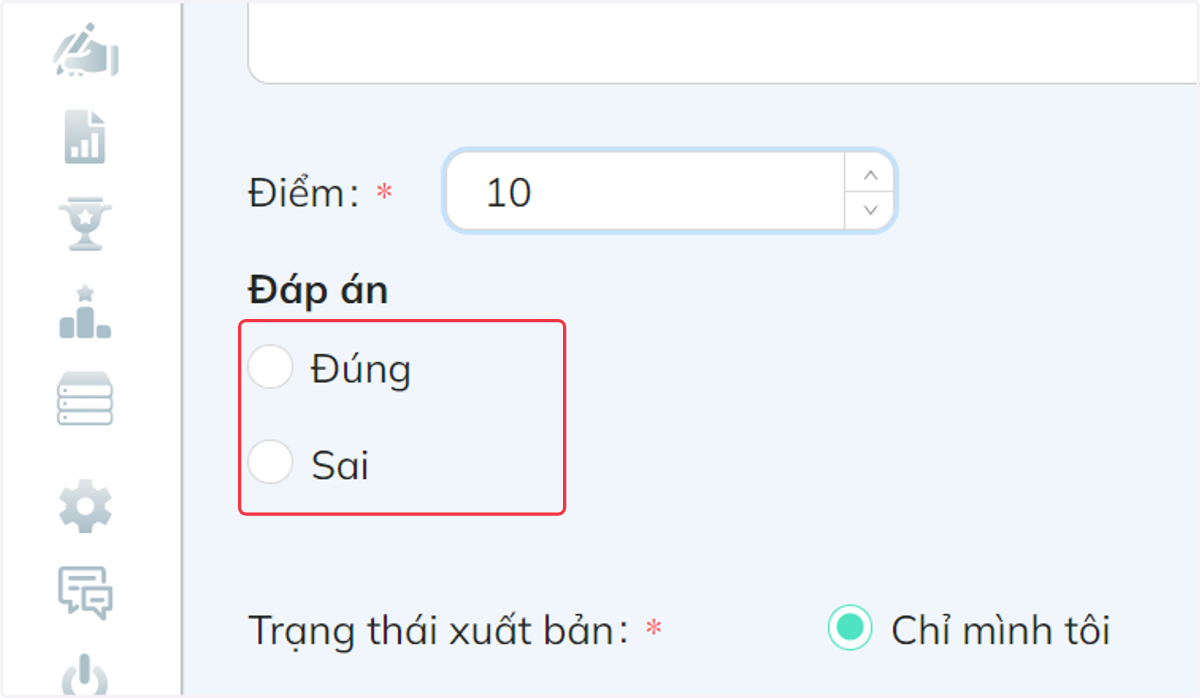Tại mục "Đáp án", chọn một đáp án mẫu để hệ thống chấm điểm tự động