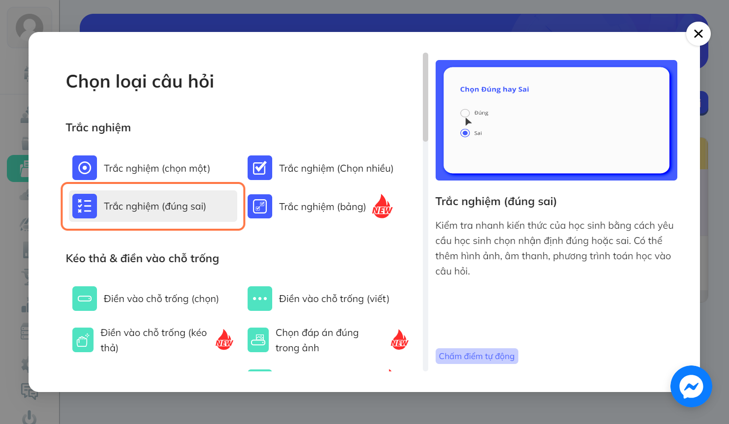 Nhấn chọn "Trắc nghiệm (đúng sai)"