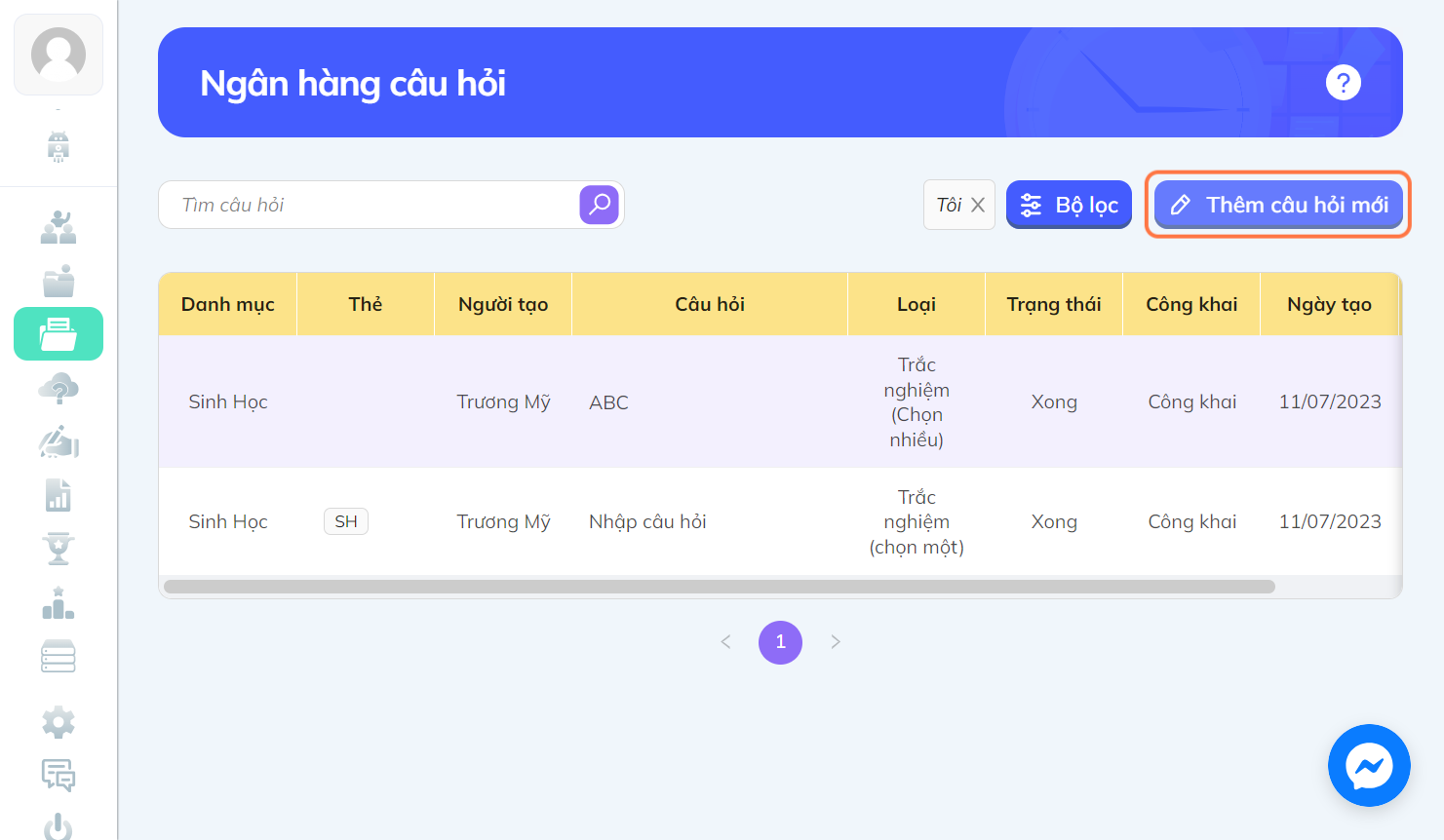 Nhấn chọn "Thêm câu hỏi mới" để chọn dạng câu hỏi