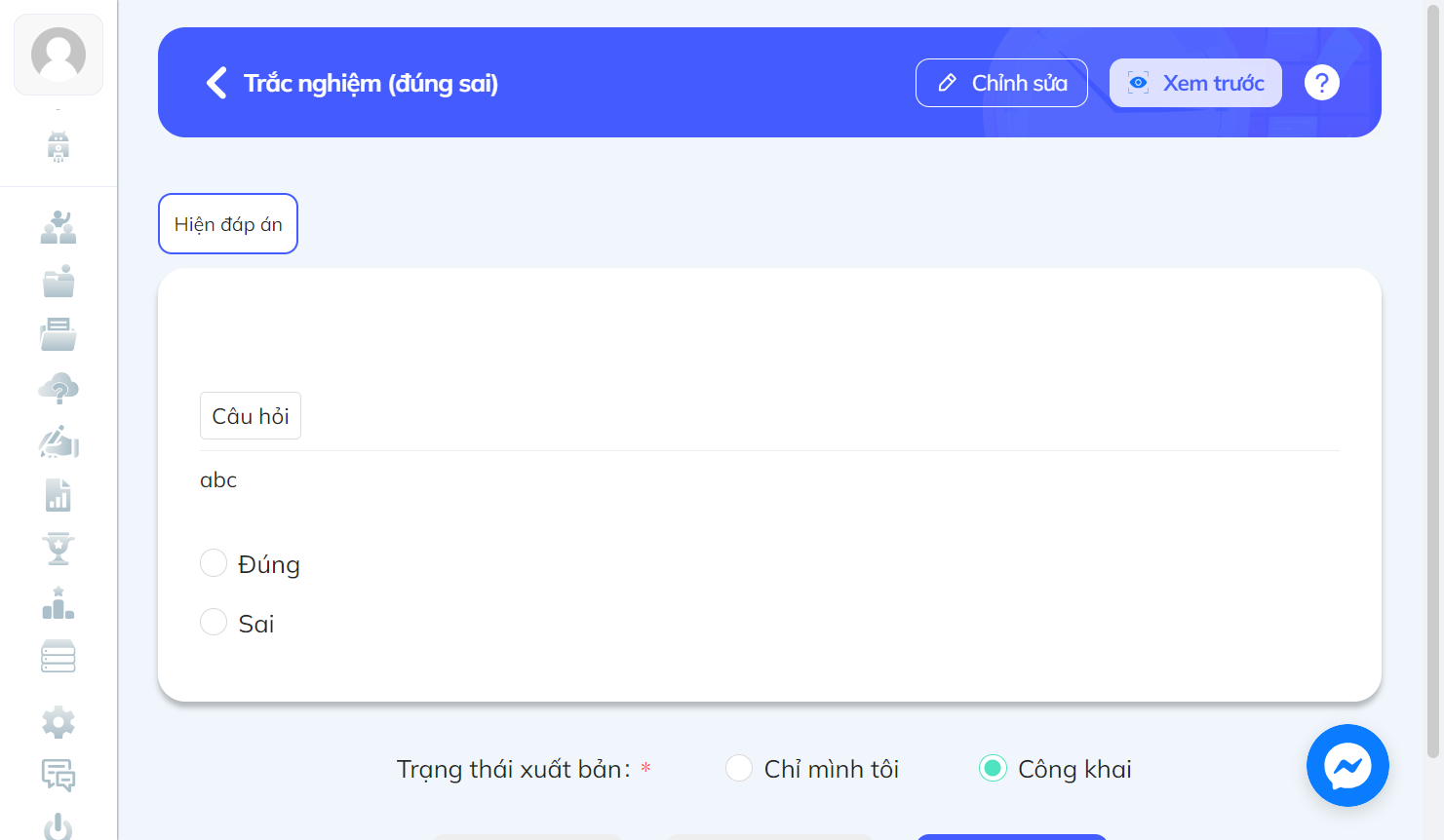 Bảng hiển thị câu hỏi