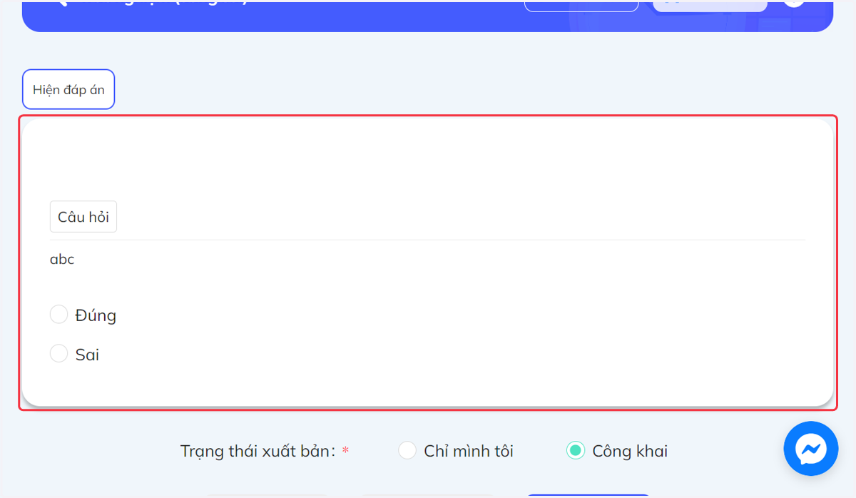 Bảng hiển thị câu hỏi