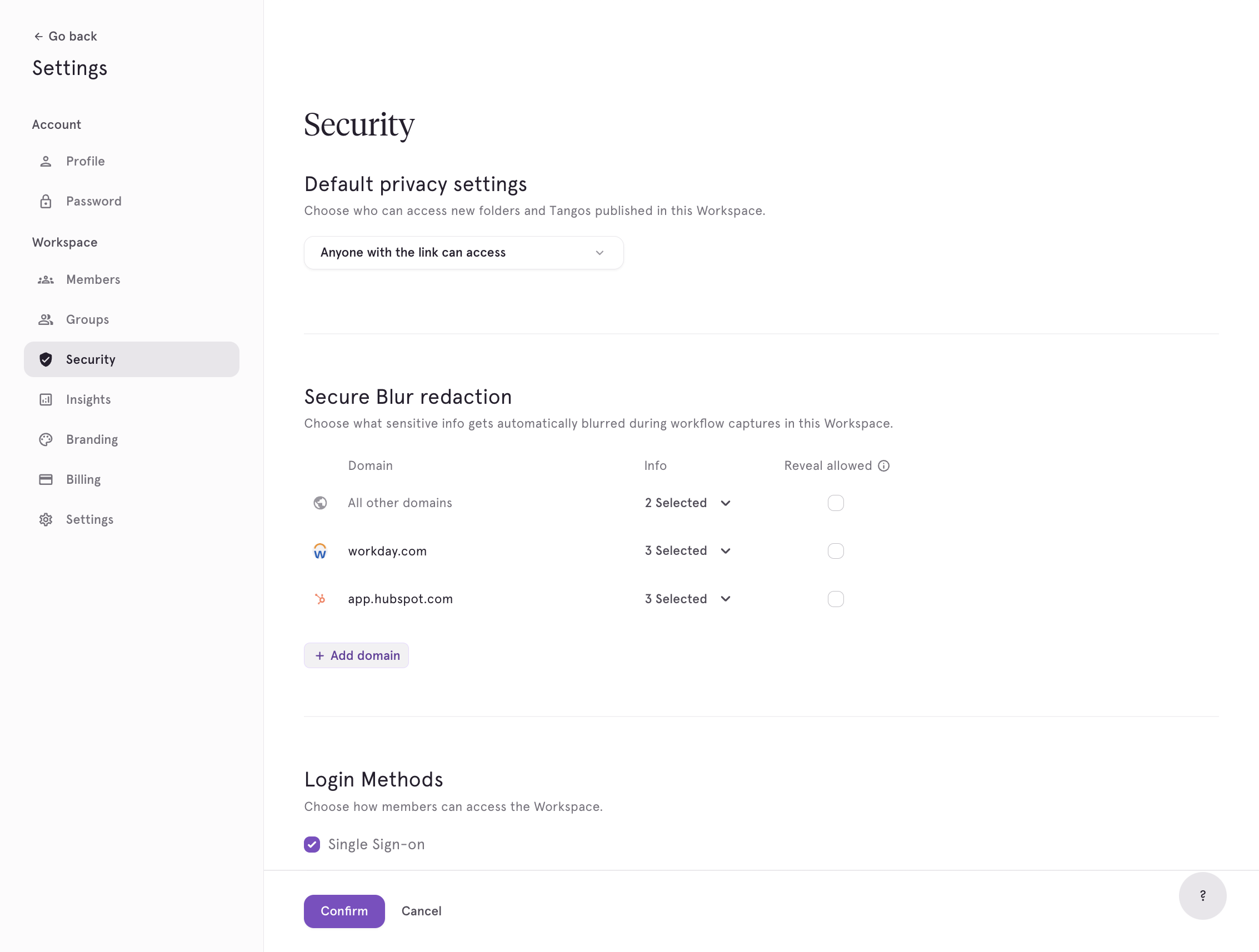A. Click on Security B. Click on Add domain