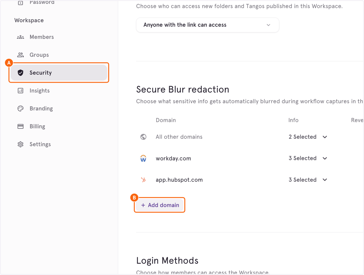 A. Click on Security B. Click on Add domain