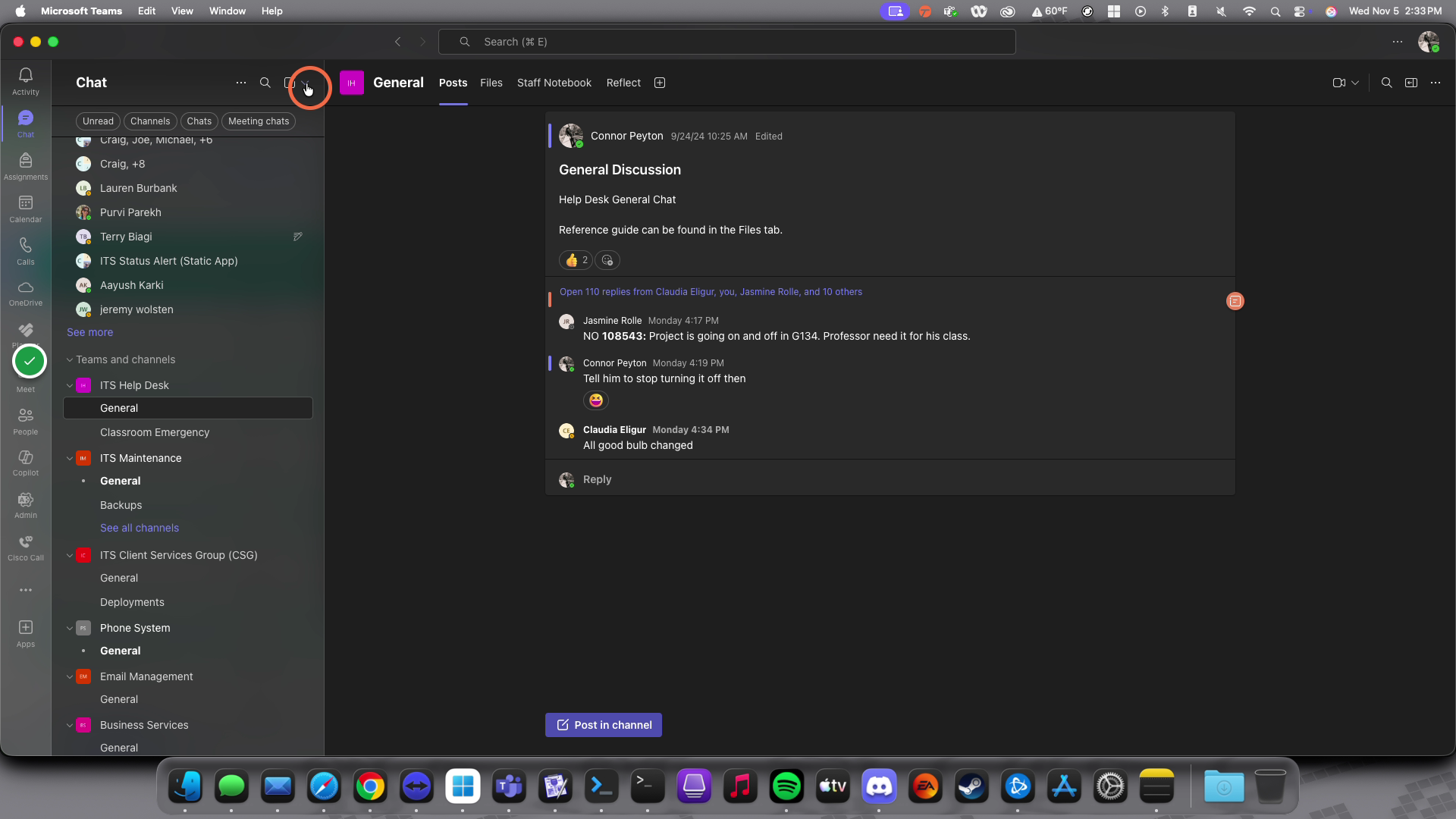 Click on the dropdown arrow in your Chat/Teams Window
