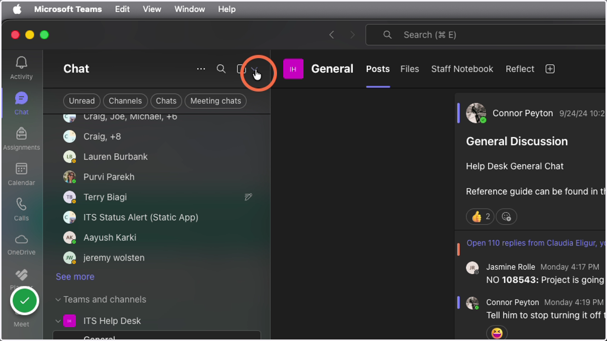 Click on the dropdown arrow in your Chat/Teams Window