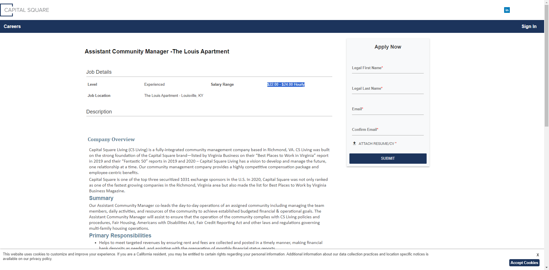 Copy the salary range ex. "$22.00 - $24.00 Hourly"