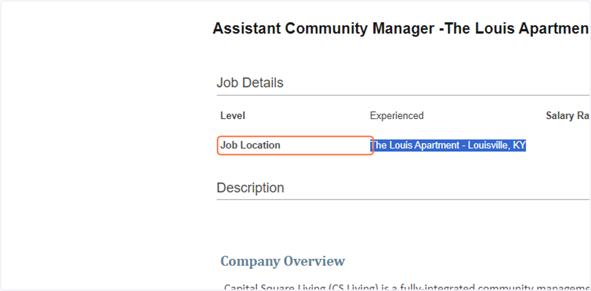 Copy the Job Location titled ex. "The Louis Apartment - Louisville, KY"