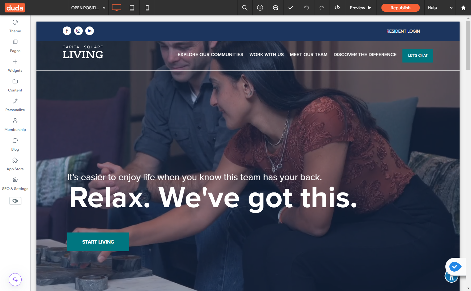 Go to Capital Square Living site and click on dropdown trigger. Click on OPEN POSITIONS.