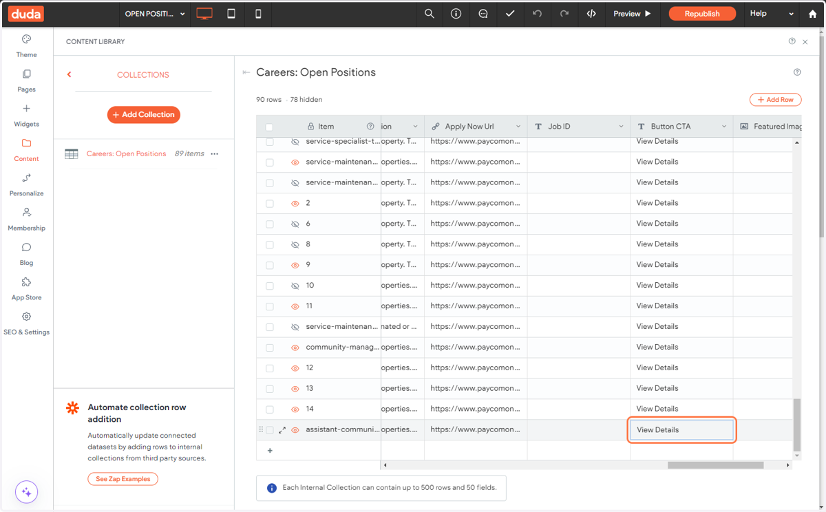 Type "View Details" under Button CTA column
