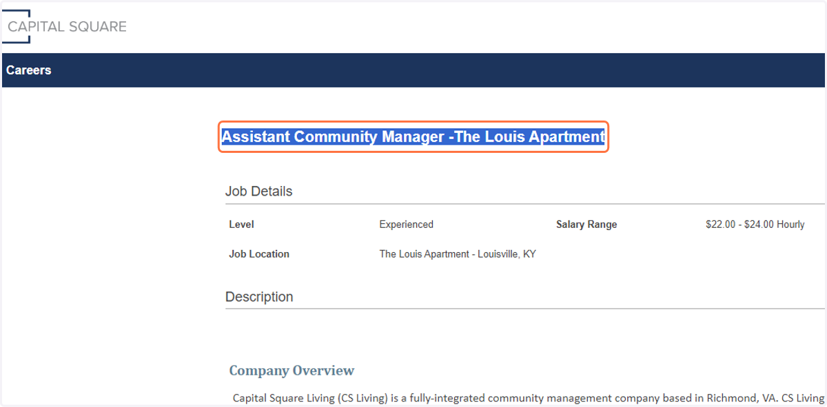 Copy element titled ex. "Assistant Community Manager -The Louis Apartment"