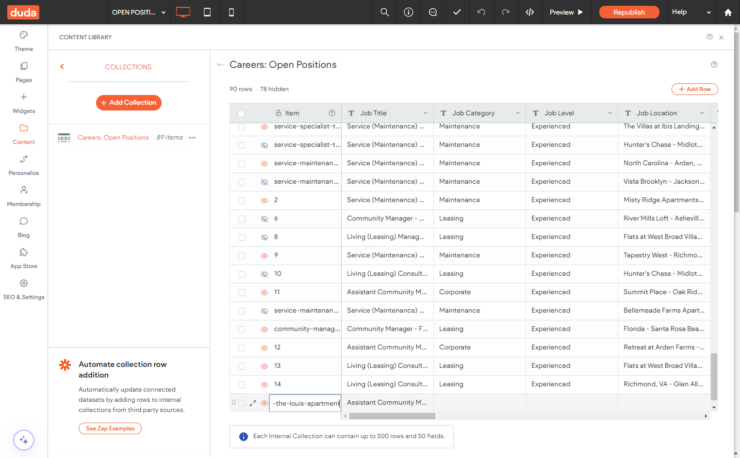 Create an item ex. "assistant-community-manager-the-louis-apartment"