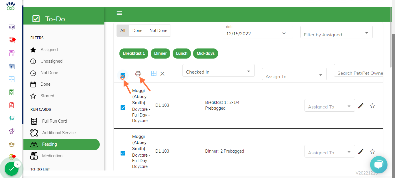 If you would like all of the associated pets in one single report, then select the "check all" button. [see image example below.] and then select the "print" icon to view and/or print your feeding list.