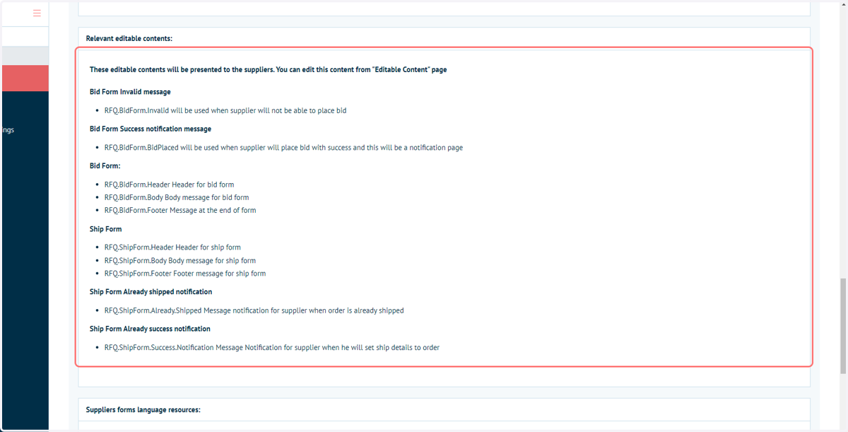 Details on the Editable Content blocks provided as part of the Connect : RFQ module are provided in the Connect : RFQ Settings page