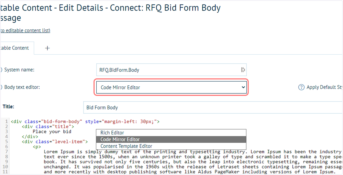 Body text editor type selection is available for RFQ Editable Content blocks