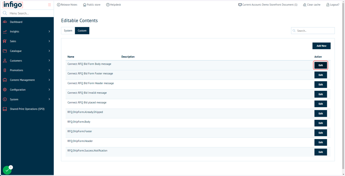 Provided Editable Content blocks for the Connect : RFQ module
