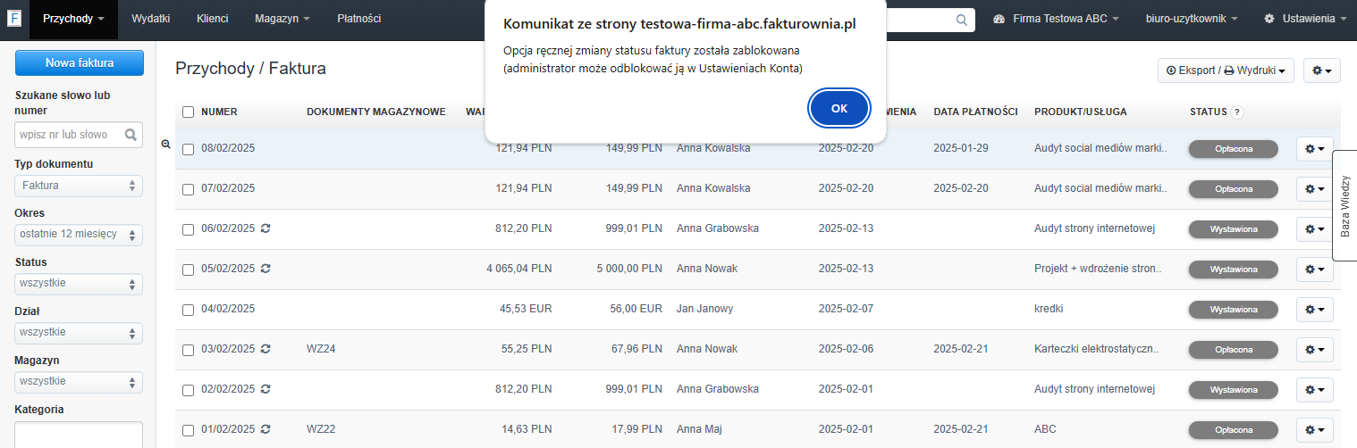 Po kliknięciu statusu, system wyświetli komunikat, że zmiana nie jest możliwa ze względu na nałożoną blokadę w ustawieniach konta.