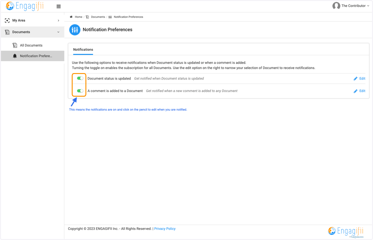 Click on Toggles to turn on or off Notifications