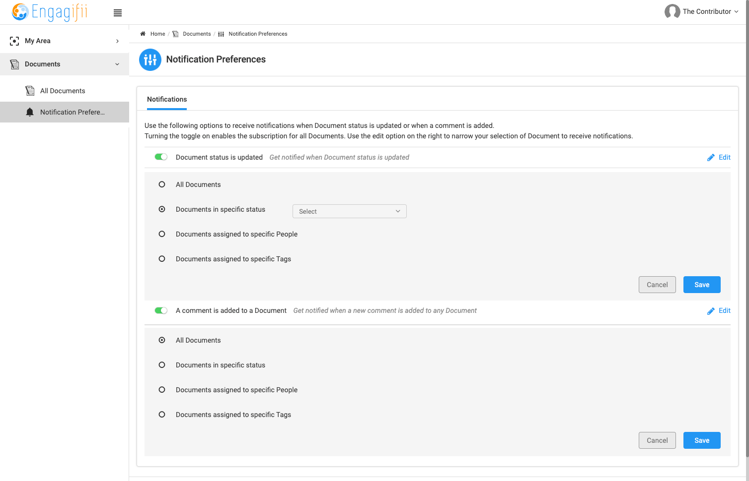 Select your notification criteria for when a document status is updated or comment is added