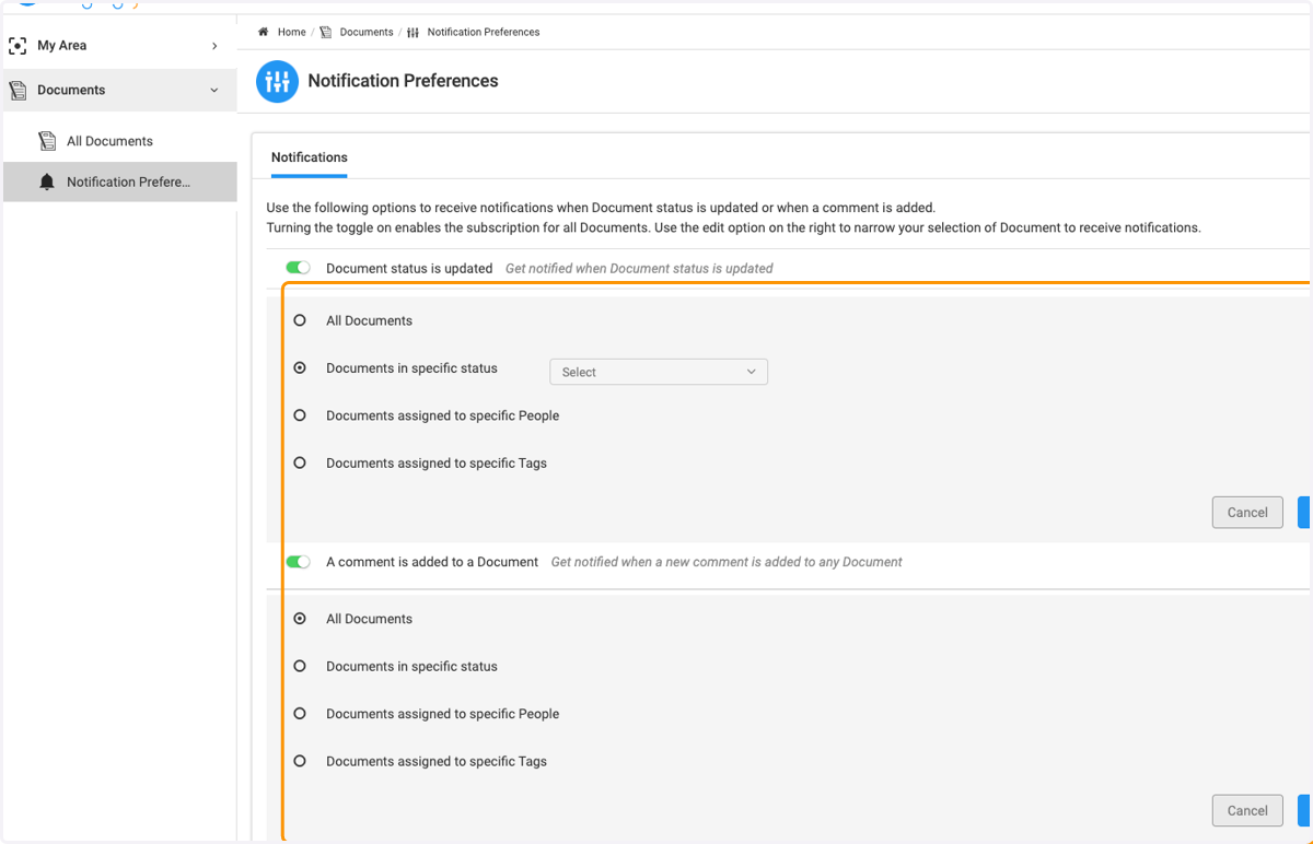 Select your notification criteria for when a document status is updated or comment is added