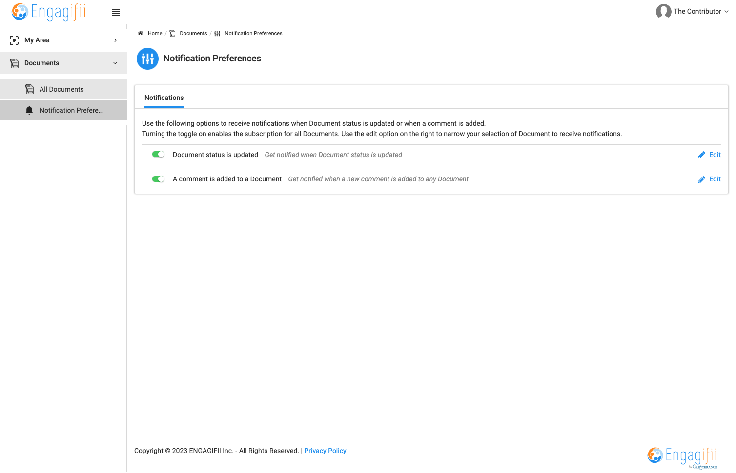 To modify notifications on an Individual Document, click on All Documents