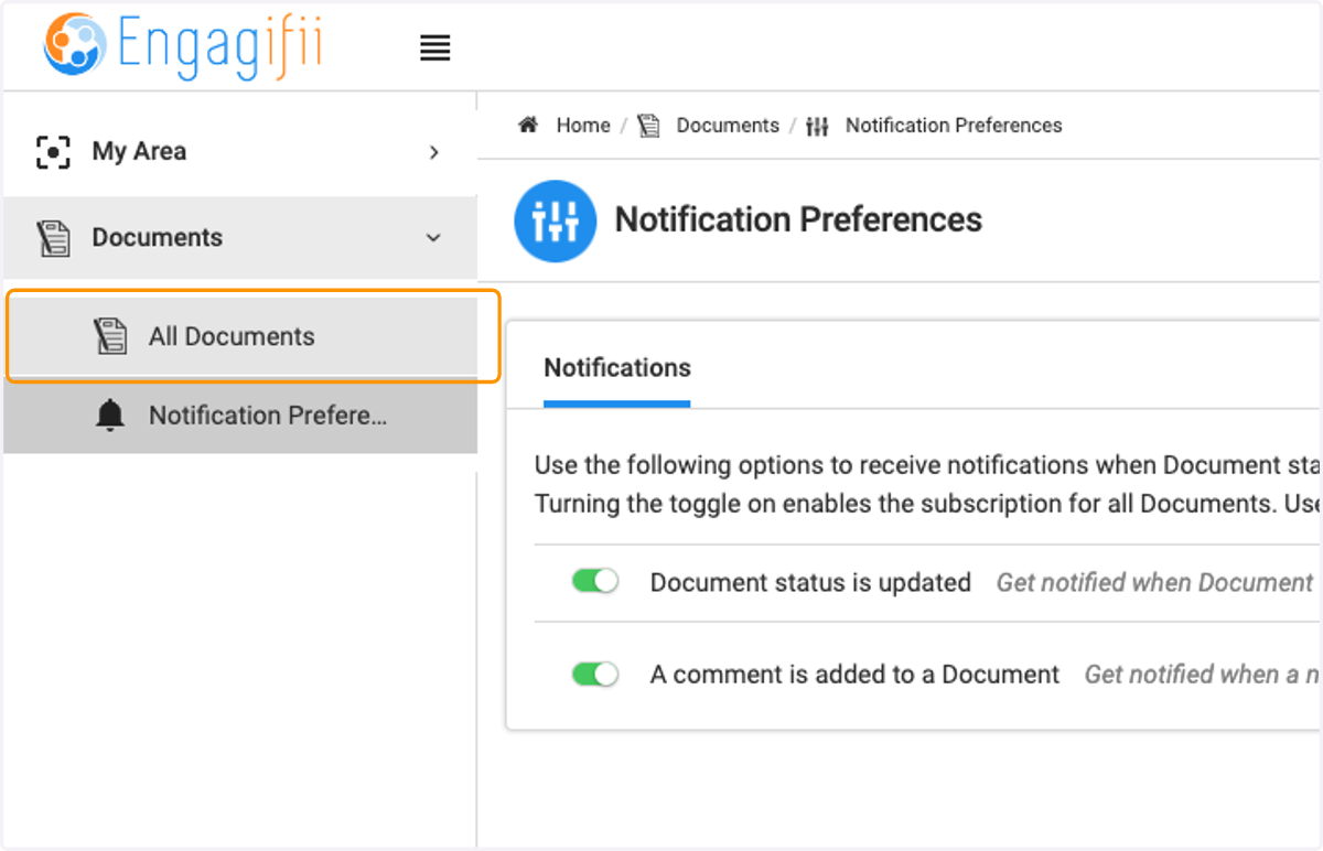 To modify notifications on an Individual Document, click on All Documents