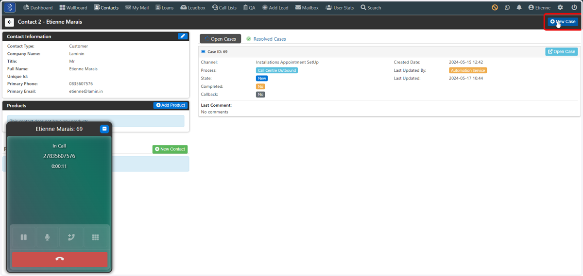 Alternatively you can click on New Case (No Call) which will open up a new case