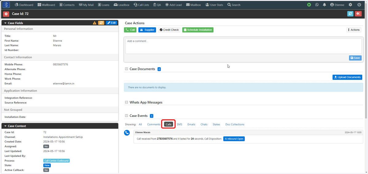 Under Case Events you can click on Calls to see call details