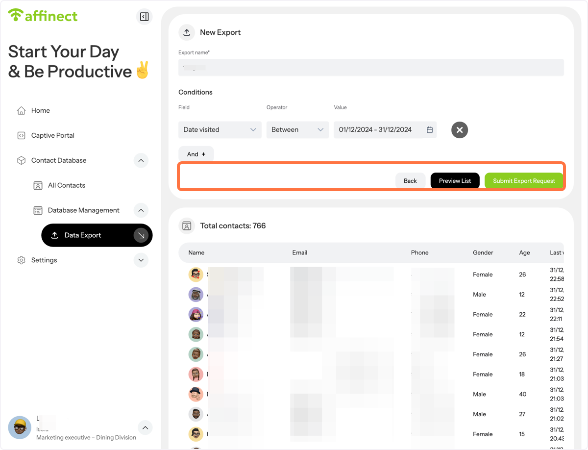 Click on Submit Export request.