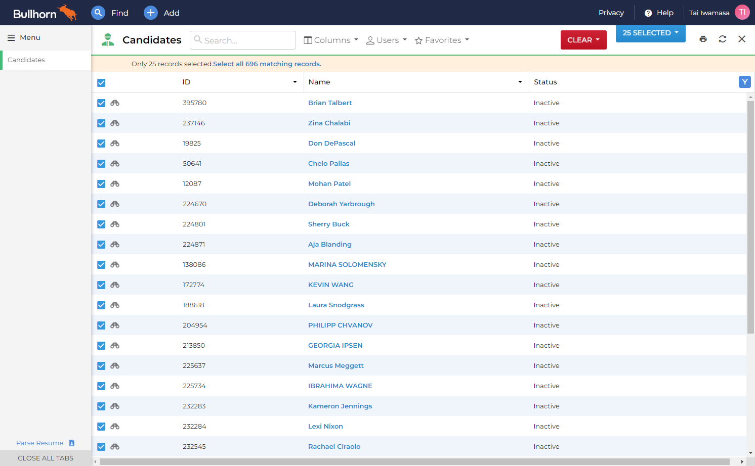 Create your list (filters, columns, advanced search) Select All