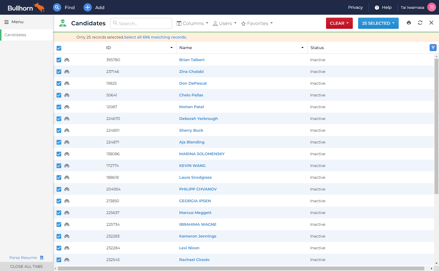 It will only select the first 25, make sure you click on Select all 696 matching records.