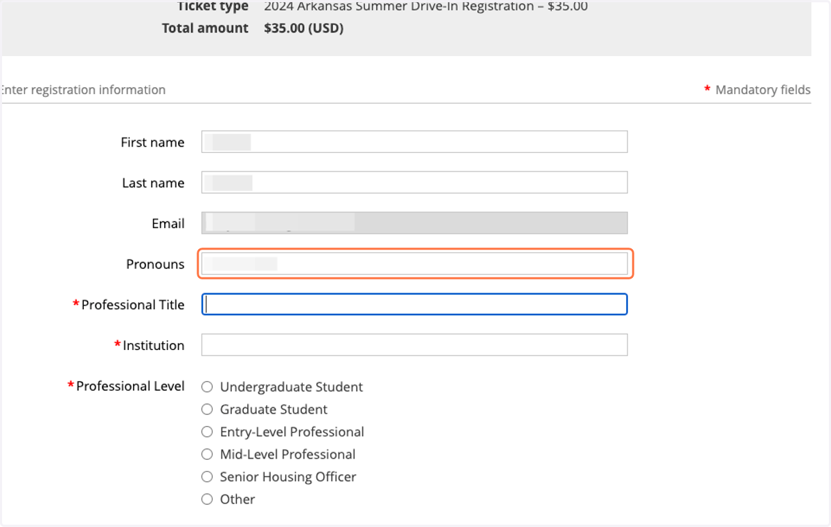 Complete the registration form fields for the specific event