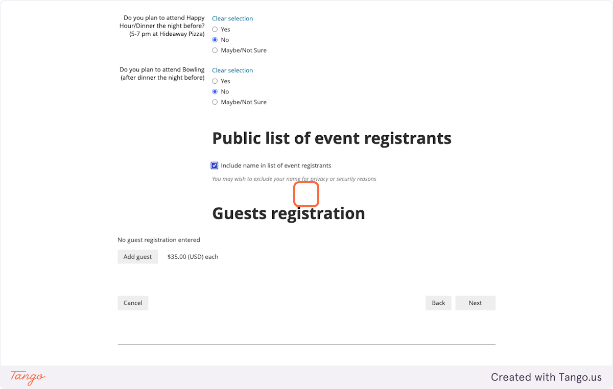Choose whether or not you want your name to appear in the public list of event registrants