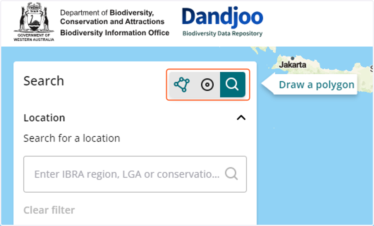 In this example, we used the 'Draw a polygon' feature to select the report area. 'Text' and 'Point' searches will also work