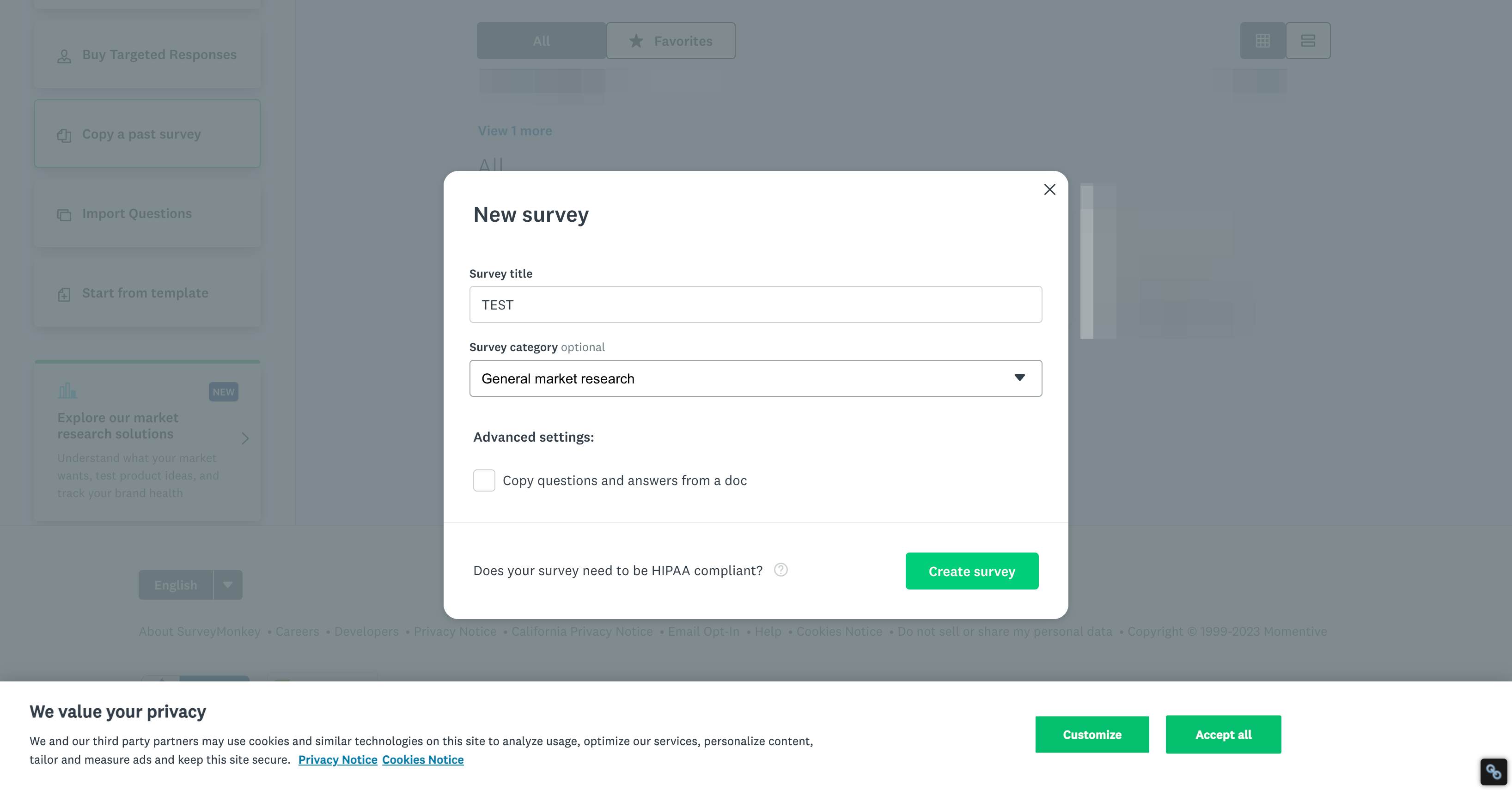 Select "General market research" for the Survey category