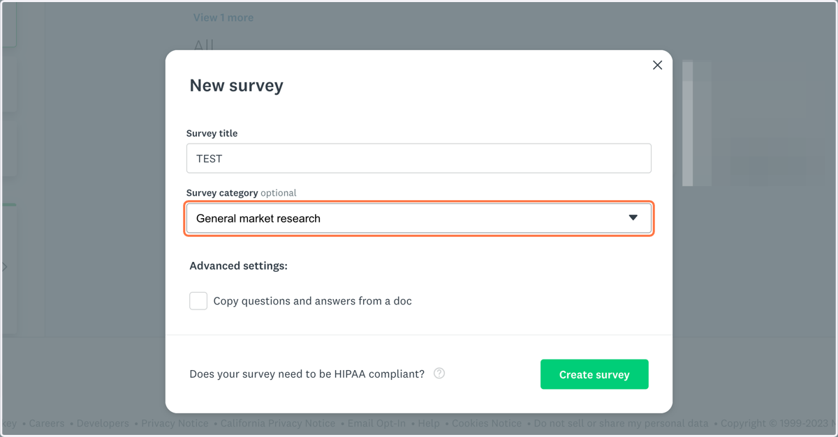 Select "General market research" for the Survey category