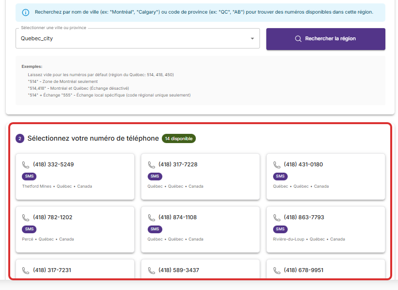 Click on Sélectionnez votre numéro de téléphone…