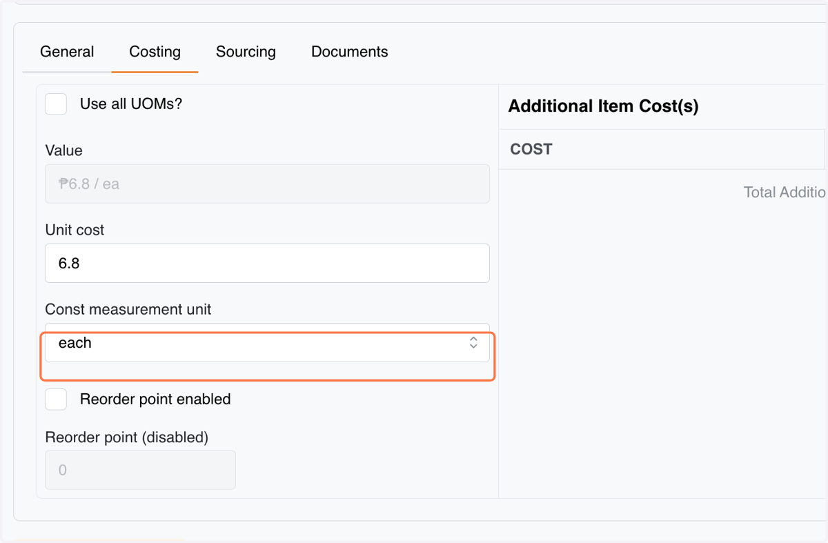 You can change the measurement unit, to change the cost depending on the unit your item is using