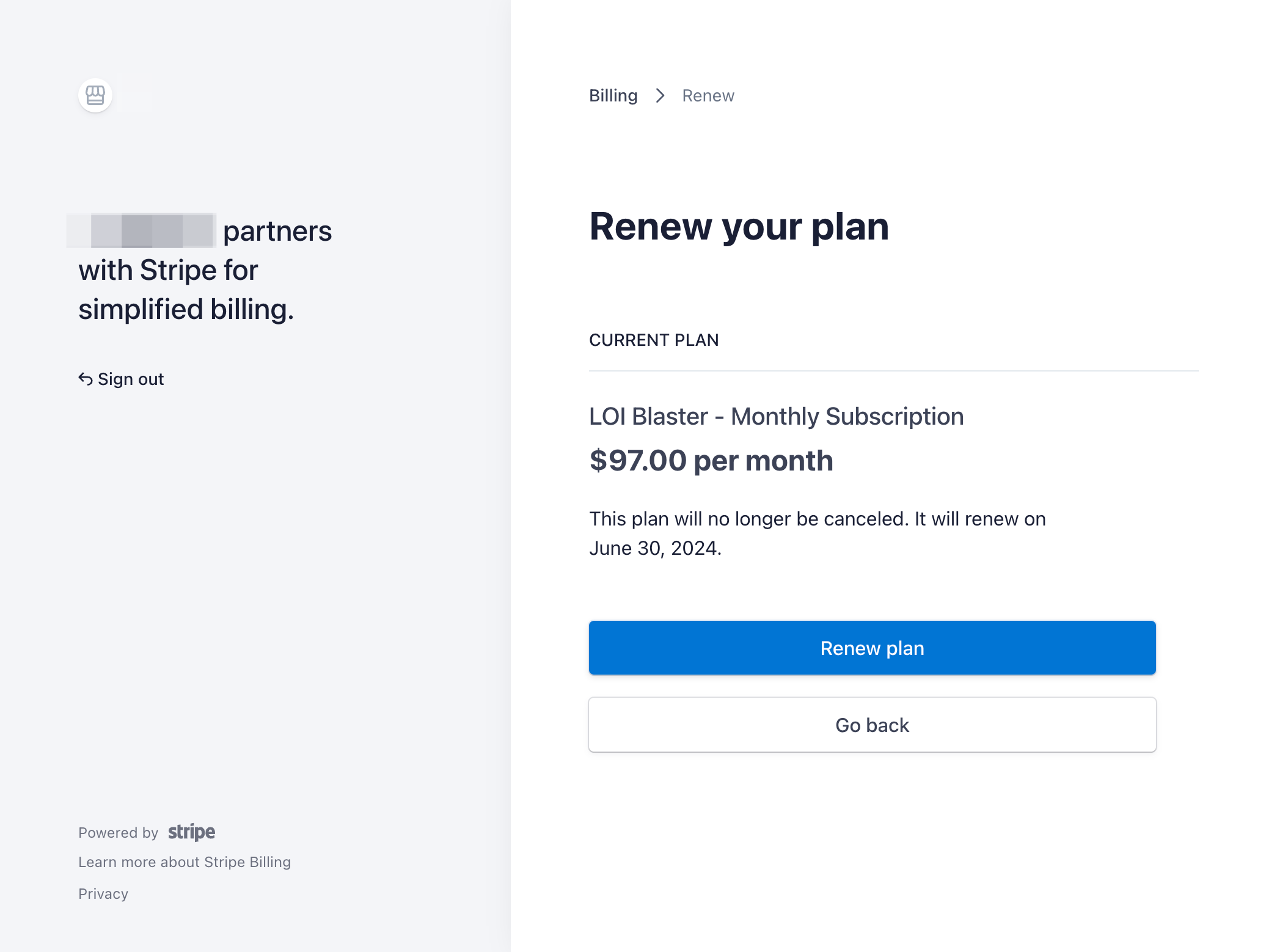 Click on Renew plan