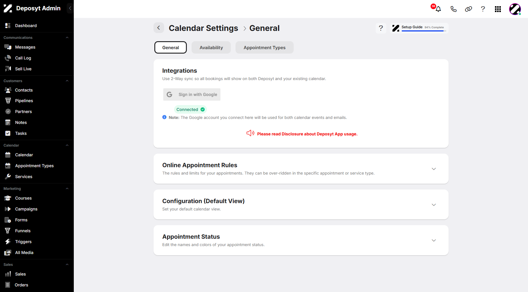Step 4: You will be taken to the Calendar Settings.