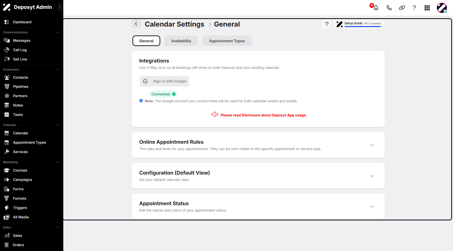 Step 4: You will be taken to the Calendar Settings.