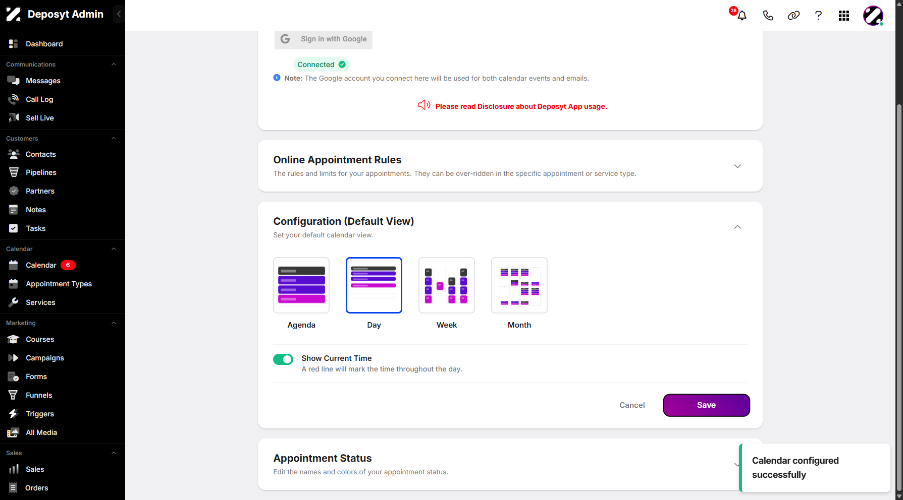 Step 10: A pop-up window will appear confirming that your calendar has been configured successfully.