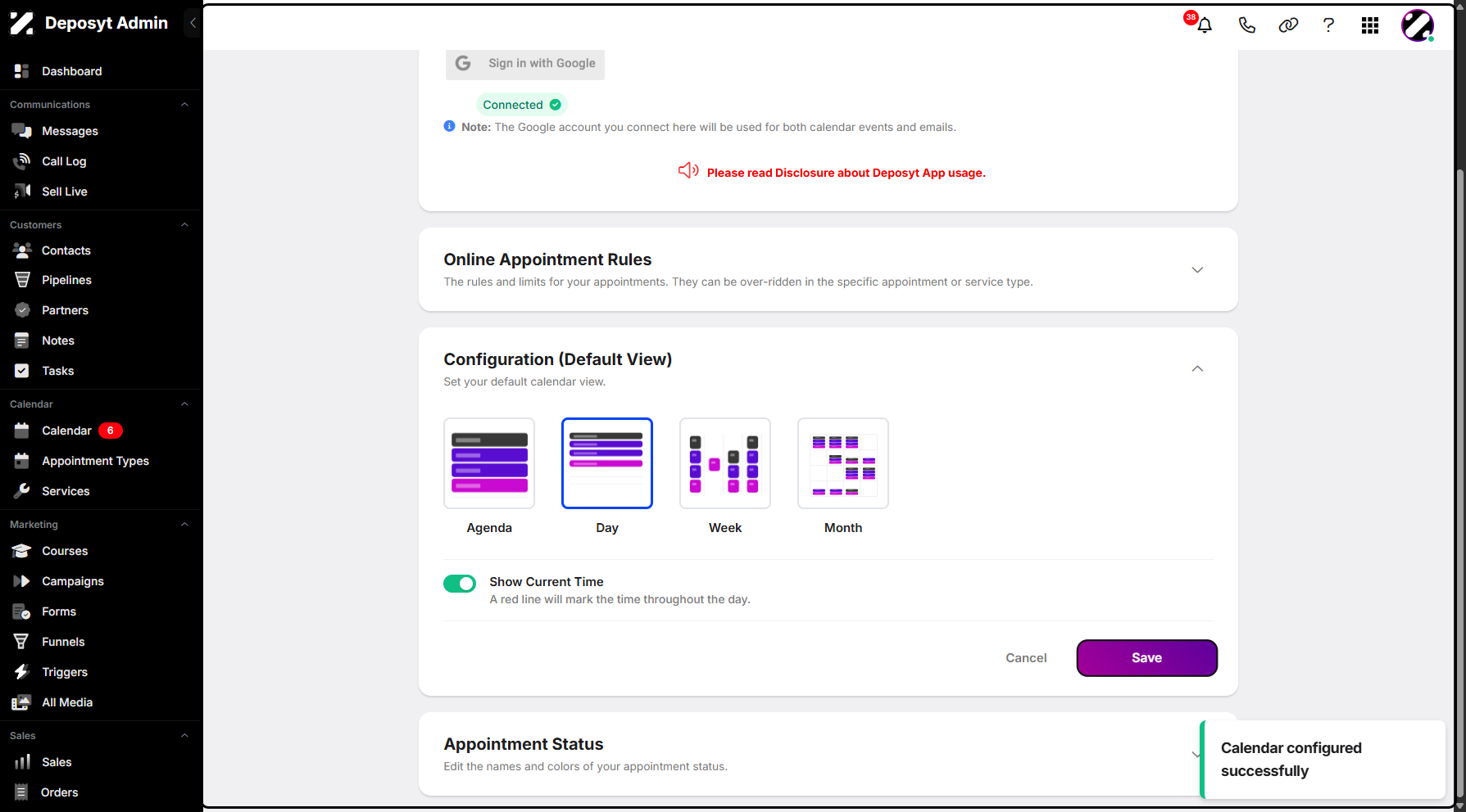 Step 10: A pop-up window will appear confirming that your calendar has been configured successfully.