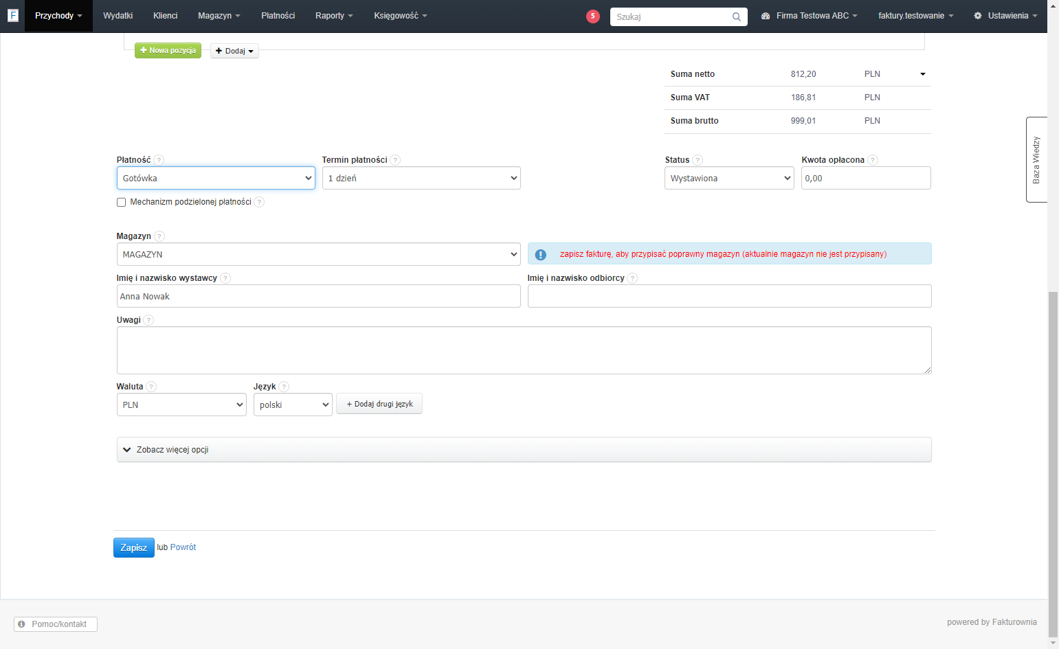 Po kliknięciu w to pole pojawi się lista płatności, z których możesz wybrać zgodną z transakcją formę płatności. W naszym przykładzie skorzystamy z opcji 'Gotówka'.