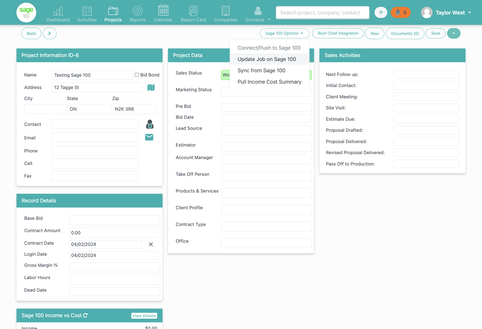 Click on Update Job on Sage 100